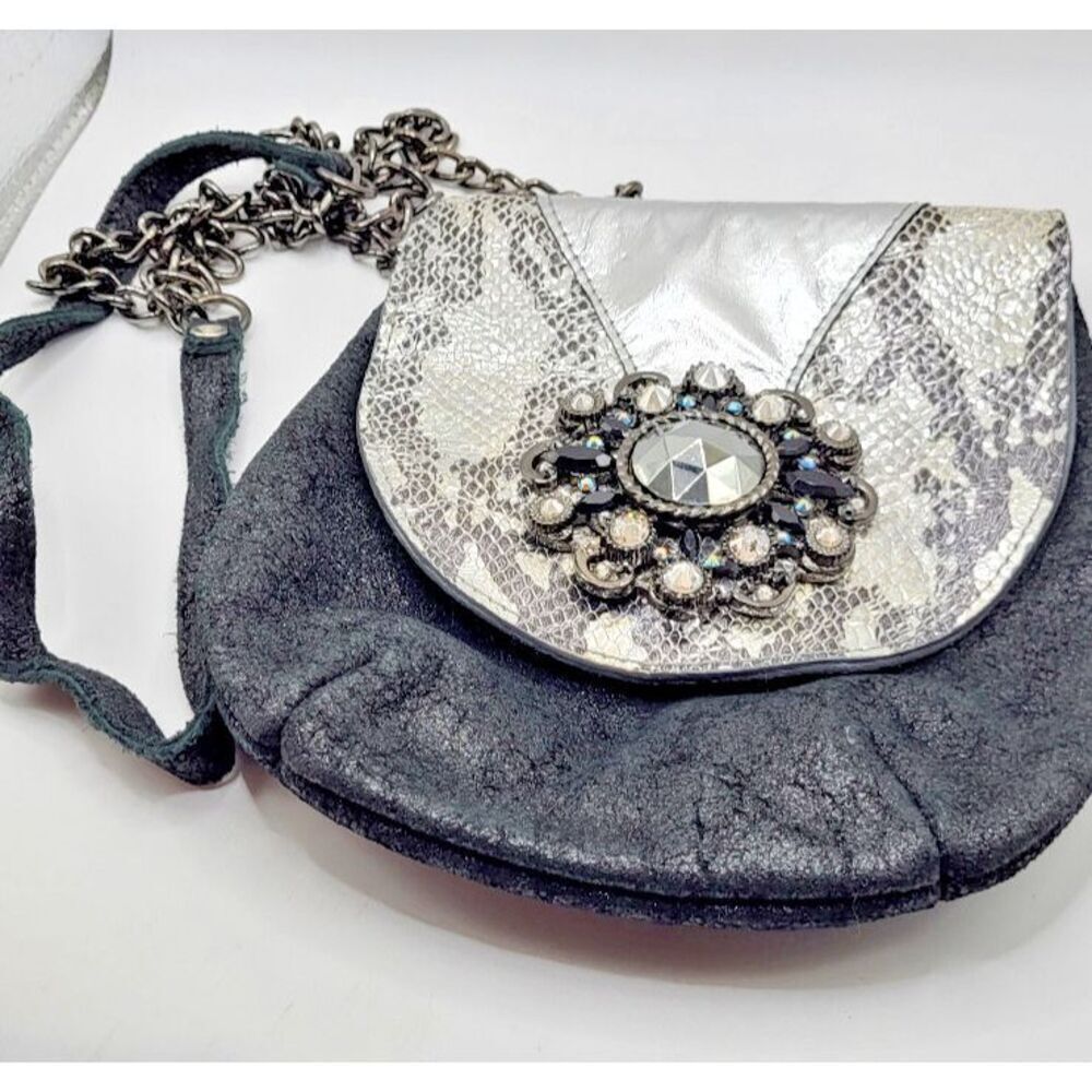 Leatherock Silver Snakeskin Silver Glittery Black Genuine Leather Satchel 7.5in